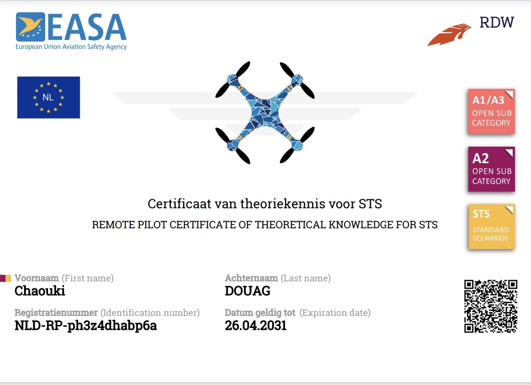 Certificat EASA de télépilote — Chaouki Douag, valable jusqu'au 26.04.2031