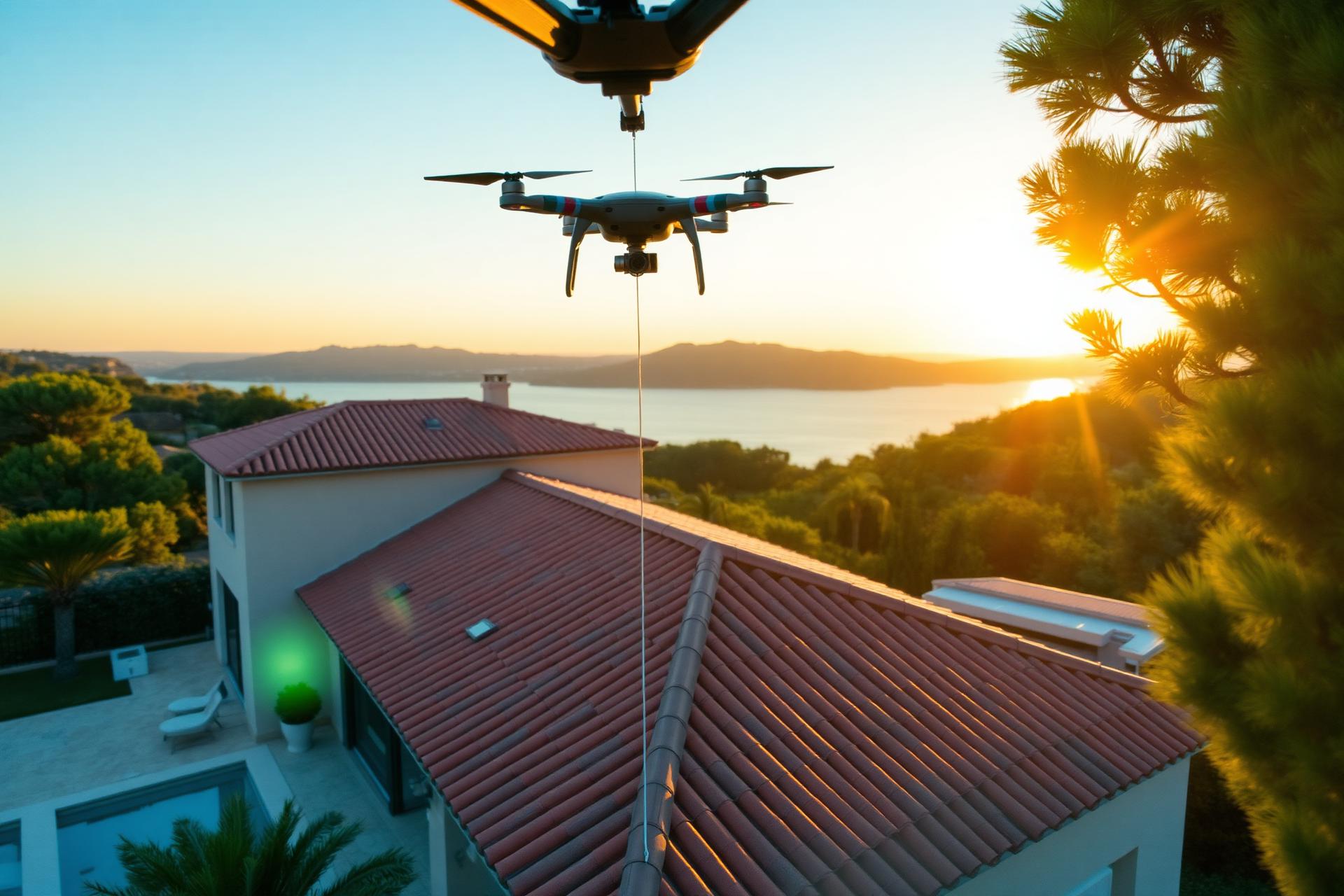 Drone professionnel survolant un toit en tuiles dans les Alpes-Maritimes